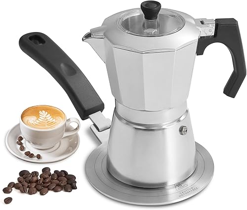 2 unidades 1 Moka Pot Espresso + adaptador de placa de inducción de acero inoxidable de 5.5 pulgadas, 6 tazas de aluminio italiano para estufa de