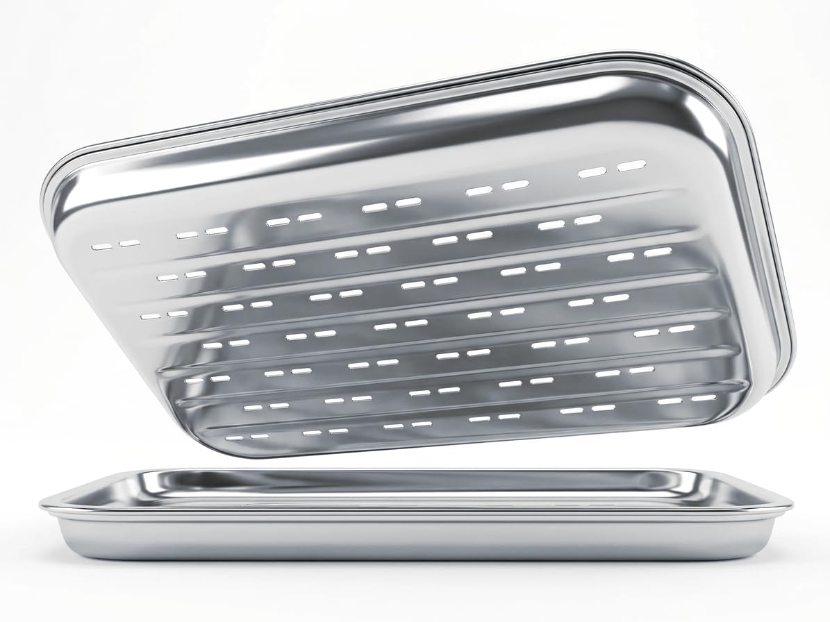 Wielorazowa Tacka do Grilla ze Stali Nierdzewnej 34,7x24,6 cm - metalowa taca do grillowania warzyw, mięs i ryb - do grilla gazowego i węglowego