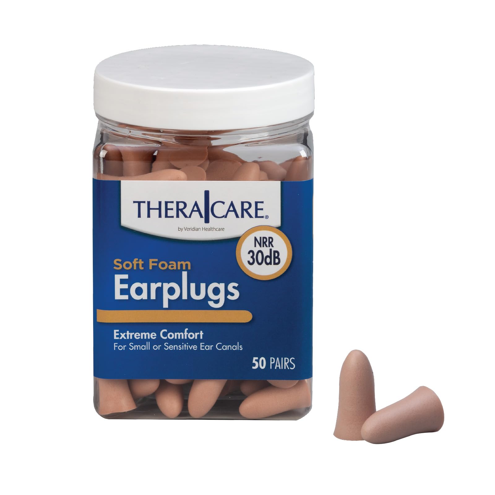 TheraCare Soft Foam Earplugs 30 dB Noise Reduction Slim-Fit 50 Pairs Per Jar Latex-Free Sleep Work Travel Recreation