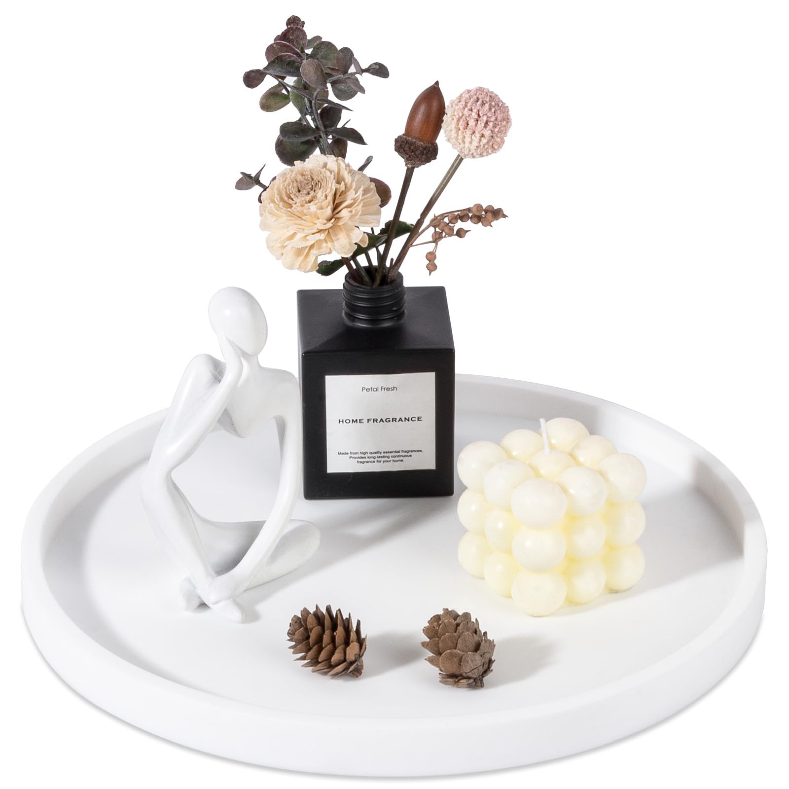 Silicone Bathroom Tray Round Vanity Tray Decorative Soap Holder Kitchen Countertop Organizer Coffee Table Decor for Candle, Perfume, Plant, 12 Inch, White