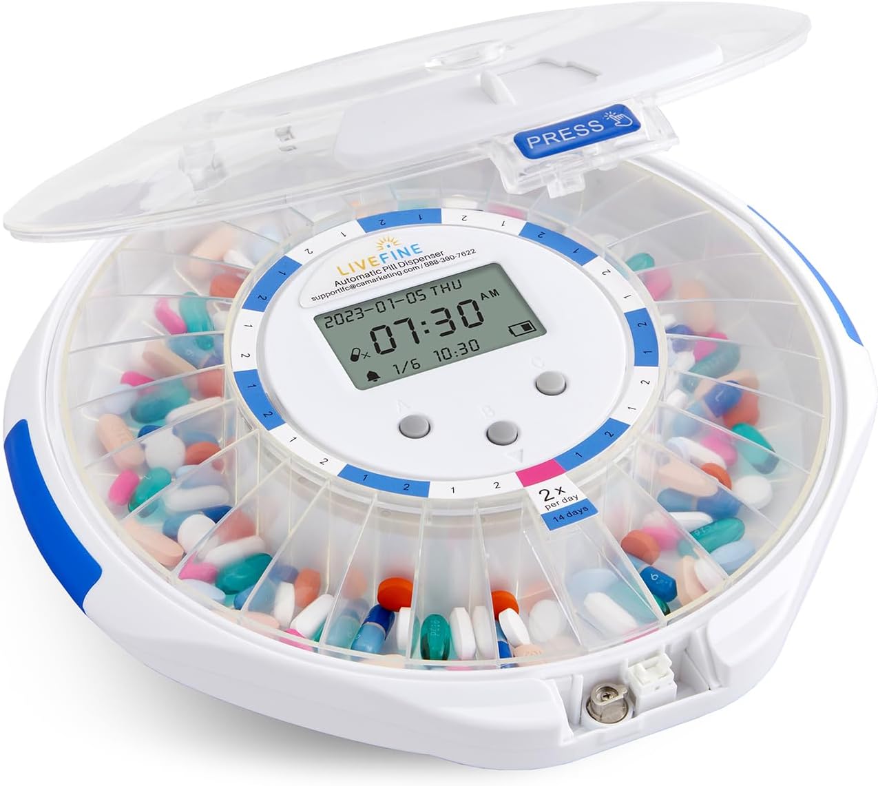 LiveFine Automatic Pill Dispenser with 28-Day Electronic Medication Organizer, 6 Dosage Rings, LCD Display with Sound & Light Alerts, Key & Magnifying Glass for Prescriptions, Vitamins & Supplements