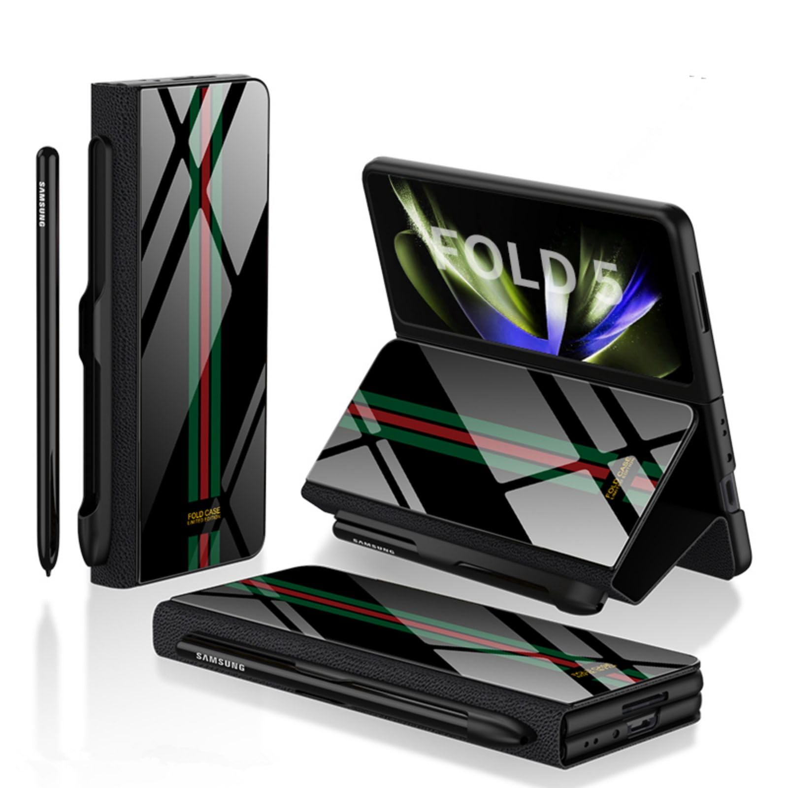 Custodia Etui do Z Fold5 etui z klapką + otwór na długopis, stojak, skóra folio, szklany blat, osłona przednia, etui na telefon komórkowy z klapką do Samsung Galaxy Z Fold5 (20)
