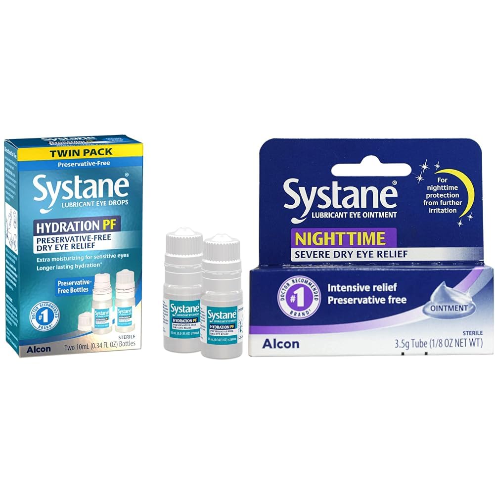 Systane Hydration Multi-Dose Preservative-Free Eye Drops Dry Eye Relief Twin Pack 2x10ml Nighttime Lubricant Eye Ointment 3 5g