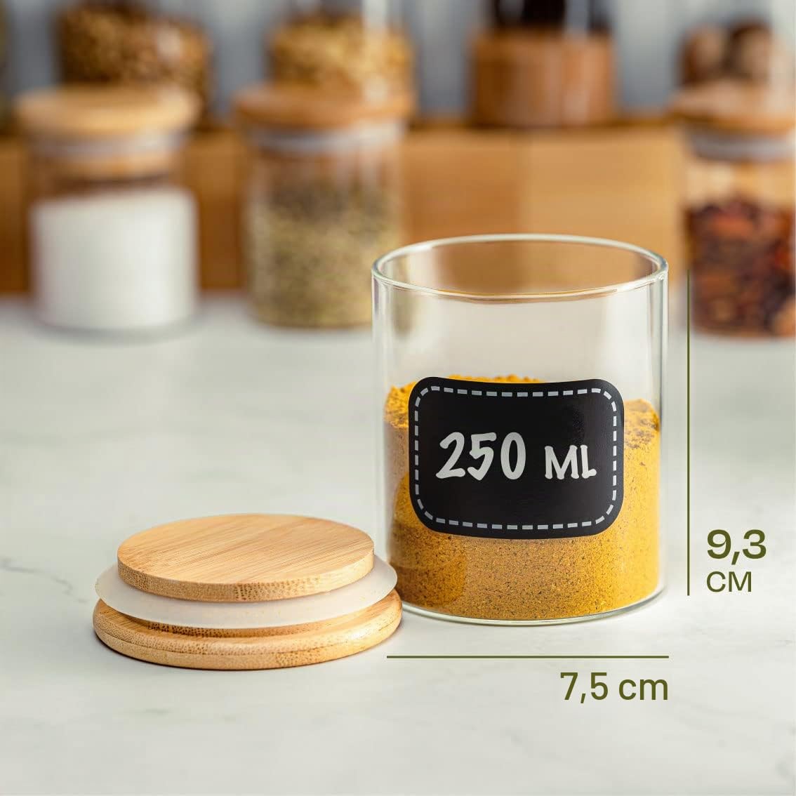 Praknu Set Barattoli Spezie Vetro con Coperchi - 8pcs x 250ml - Contenitori Spezie per Cucina - Ermetici - con Etichette - Lavabili in Lavastoviglie - Spezie, Erbe e Tè