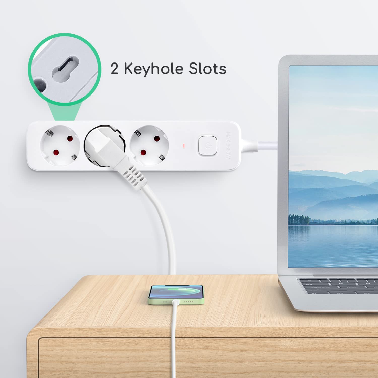 Listwa zasilająca Aigostar, listwa przedłużająca z 3 gniazdami i przełącznikiem, kabel 1,5 metra, biała