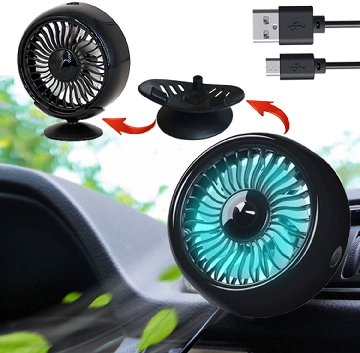 Kwak's Mini ventilateur pour voiture grille d'aération du ventilateur avec LED ABS ventilateur autocollant Support voiture ventilateur de refroidissement, pour le bureau de la maison de voiture(noir)