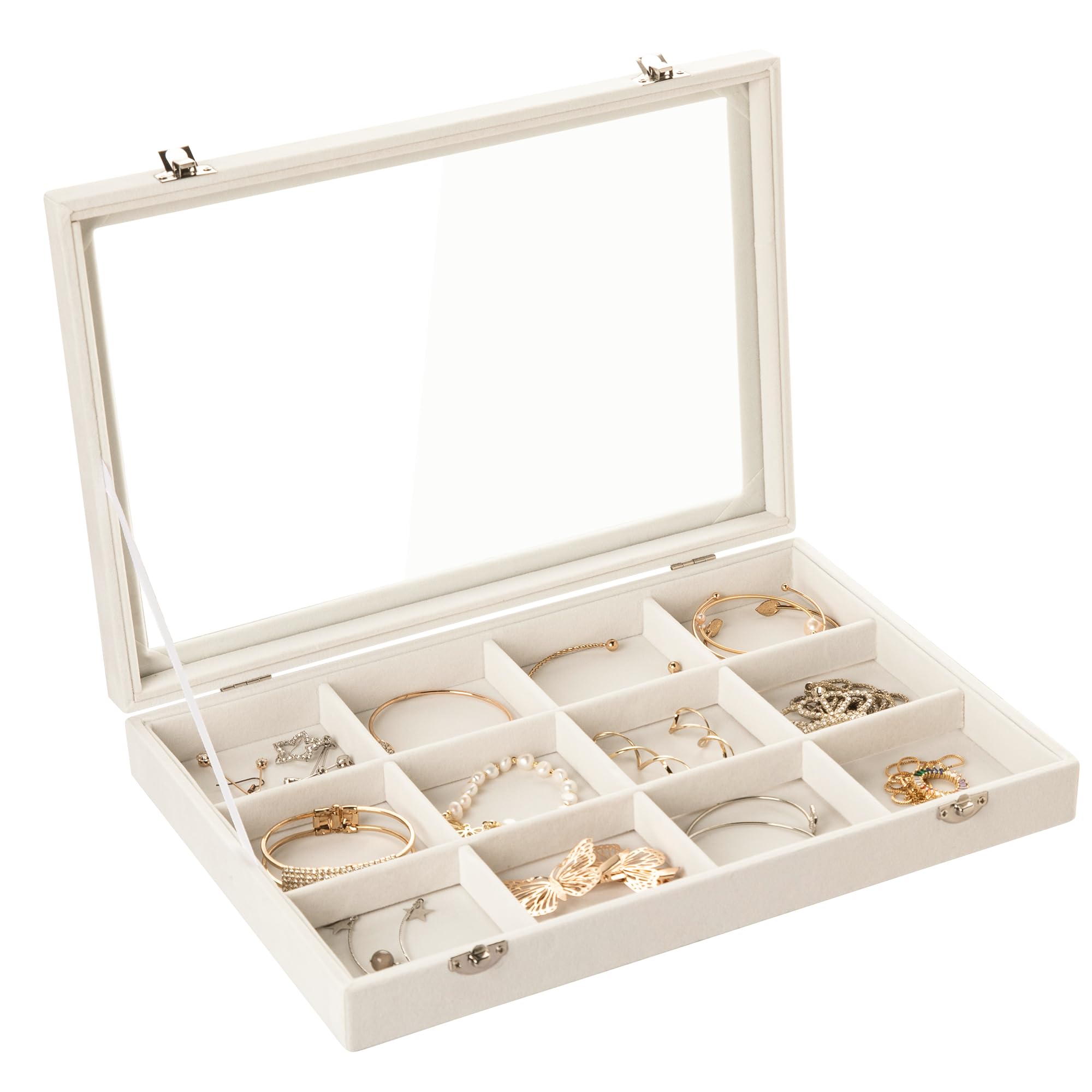 Frebeauty Schmuck Tablett 12 Gitter Samt Schmuck Organizer Aufbewahrungsbox mit klarem Deckel Schublade Halter Vitrine mit Schließe Anhänger Armbänder Halskette für Frauen (Beige, 12 Gitter)