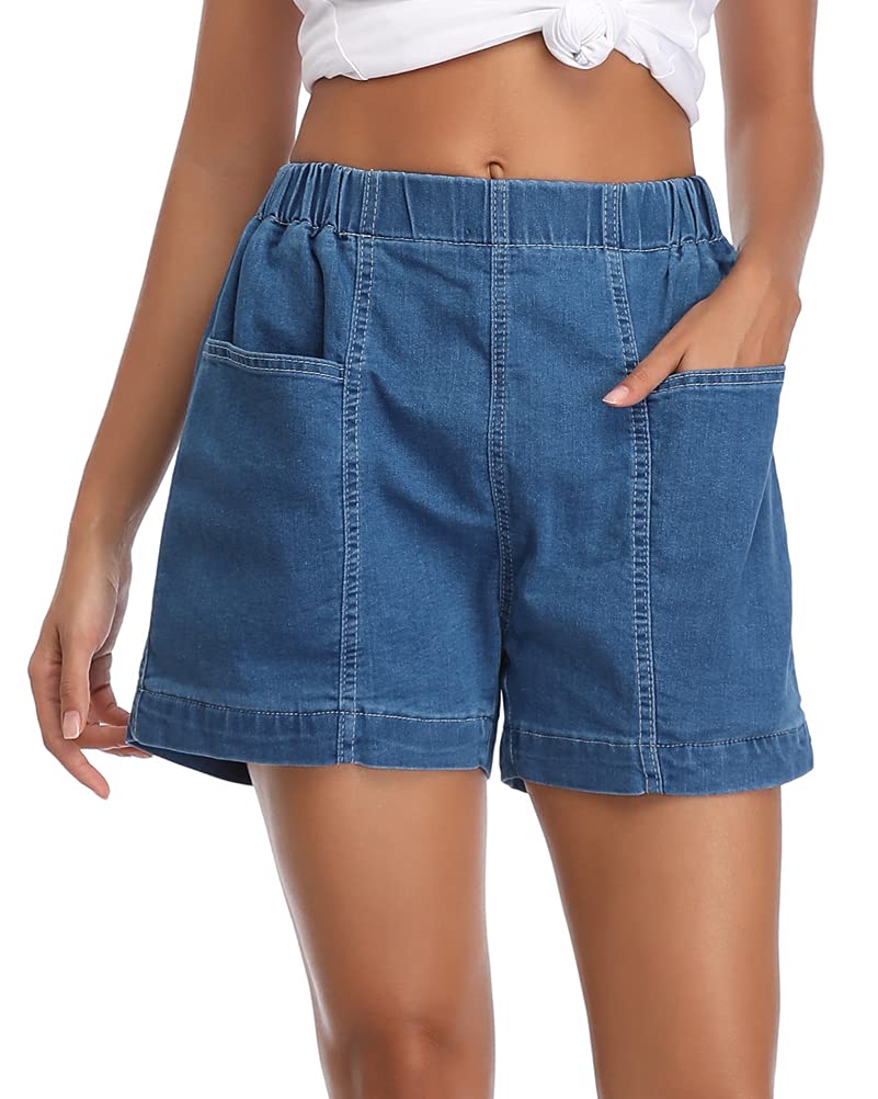 FuinlothWomen's Denim Shorts, Elastic Wasit Mid Rise Loose Fit with 2 Front Pockets, Stretchy Jeans Short Pants