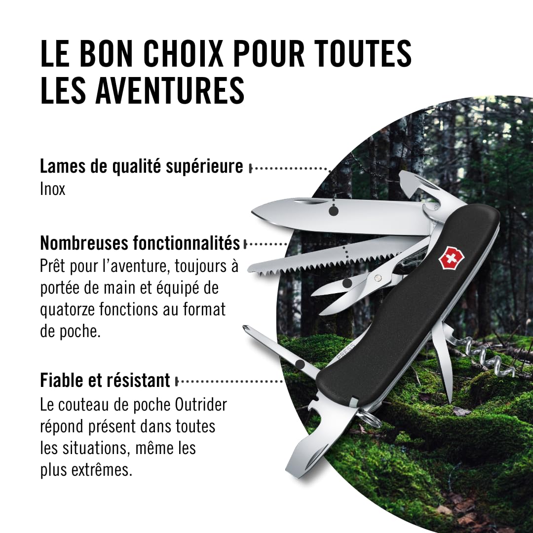 VICTORINOX Couteau Suisse Outrider, 14 Fonctions, Outil Multifonction avec Lame Blocable, Ouvre-Boîtes, Tournevis 3 mm, Tire-Bouchon, Noir