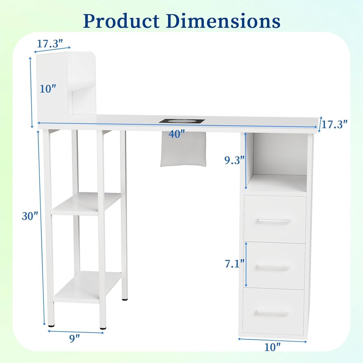 Nail Desk for Nail Tech – Manicure Table with Electric Dust Collector, 3 Drawers, 2-Tier Cabinets & 3-Tier Shelves, White Nail Station for Salon or Home Use