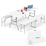 HLPB Folding Table Picnic Table Set&comma; 6 ft Camping Table with 2 Benches&comma; Outdoor Indoor Portable Folding Furniture for Working Meeting Party&comma; Camping&comma; Picnic&comma; Weddings w&sol;Handle and Safety Locks&comma; White
