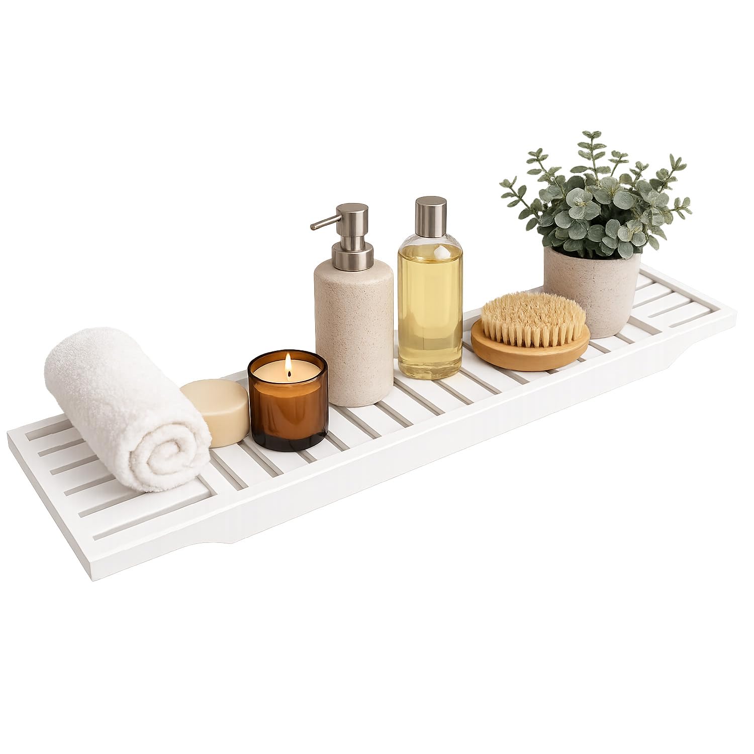 Almineez White Luxury Bamboo Wood Bath Tub Caddy Rack Tray, Water Resistant Bathroom Shelf Tidy Tray Storage Shelf Organiser (White)