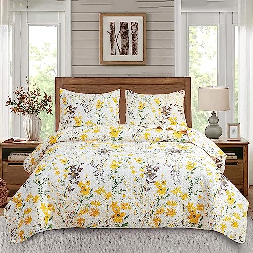 Jarson Juego de edredón floral de 3 piezas, tamaño King, colcha ligera para primavera y verano, juego de ropa de cama reversible con flores botánicas (1 colcha y 2 fundas de almohada incluidas)