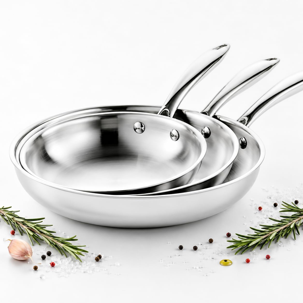 Poêle Inox 18/10 Triply Premium Sans PFAS/PFOA/PTFE/Cadmium, Acier Inoxydable 3 Couches, Compatible Induction, Tous Feux et Four, Qualité Professionnelle (Lot de 3 poêles 20/24/28cm)