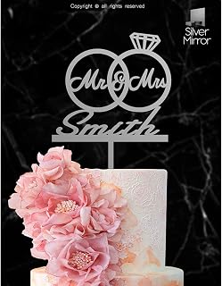 Personalized Bride and Groom Wedding Cake Topper With Customized Last Name for Mr Mrs (Silver Mirror)