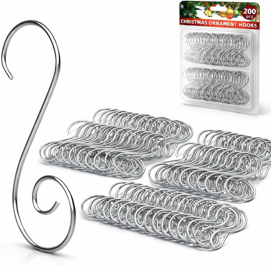 Metal Christmas Ornament Hooks 200PCS S-Shaped Tree Hooks Silver Hanging for Christmas Decorations Lightweight Durable Wire Hangers for Tree Ornaments Holiday Decor