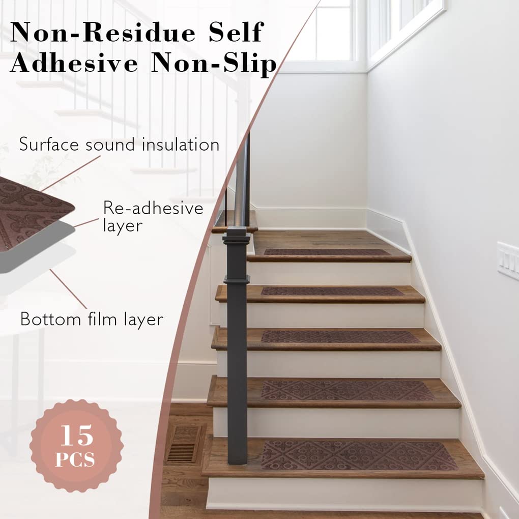 Arthome Alfombras de Escalera Antideslizantes, 15 Paquetes 20cm x 76cm Madera Escalones, Autoadhesivo Alfombra Antideslizante Seguridad para Mascotas, Ancianos y Niños (Marrón Gofrado)