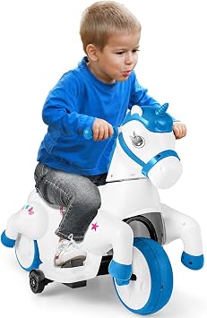 GLACER 12V Ride on Toys, Unicorn Battery Powered Ride on Car w/Training Wheels, Music, Push-Button Start, Spacious Seating, Cute Pony Electric Motorcycle for Boys Girls 3+ Years Old Blue