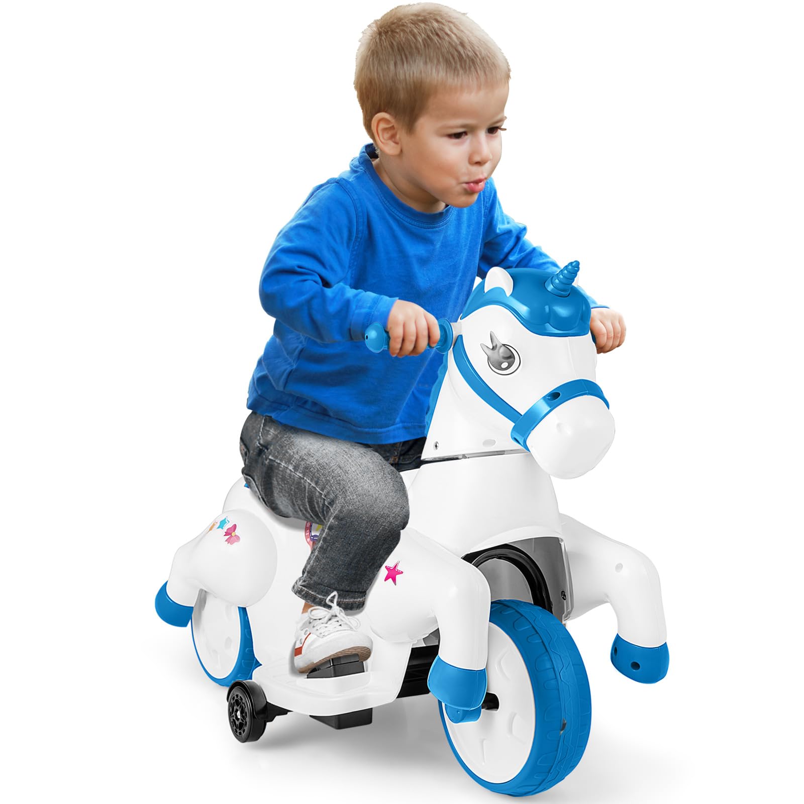COSTWAY 12V Moto Électrique Enfant en Forme Licorne avec Musique & Démarrage à Un Bouton, Cheval Électrique Enfant avec Roues d'Entraînement & Mode Équitation, 3 km/h, Charge 30kg, 3 Ans+ (Bleu)