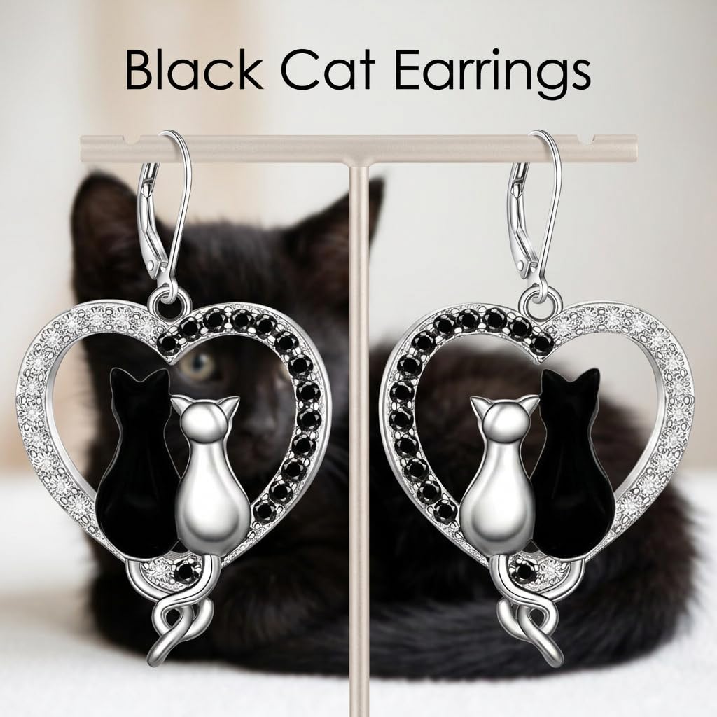Fenthring Schwarz Katzen Ohrringe für Damen Frauen Leverback niedliche Tiere Hängende Ohrstöpsel Antiallergien Katzenpaar Hearts Halloween Geschenk für Mädchen