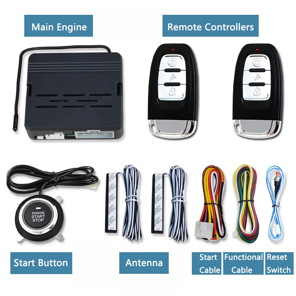 Baceyong Chiusura Centralizzata Auto Universale Kit Avviamento Remoto 12V | Sistema completo per auto 12V con 2 telecomandi, pulsante Start Stop e funzione apertura bagagliaio