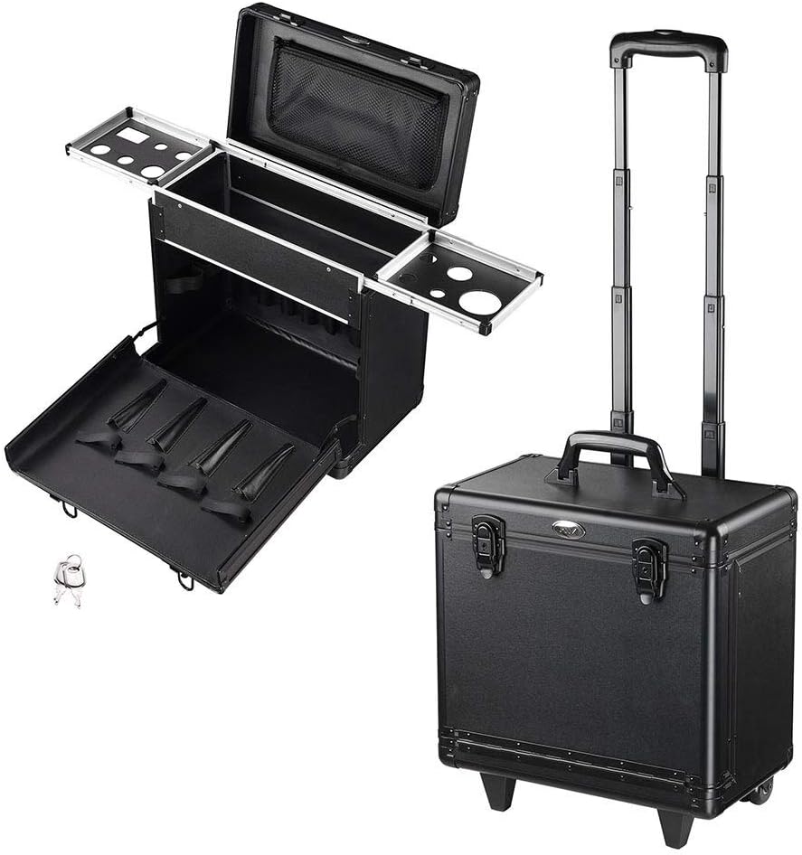 Ampersand Shops Rolling Pro Hair Stylist Travel Case with Hair Tools Holder (BLACK)