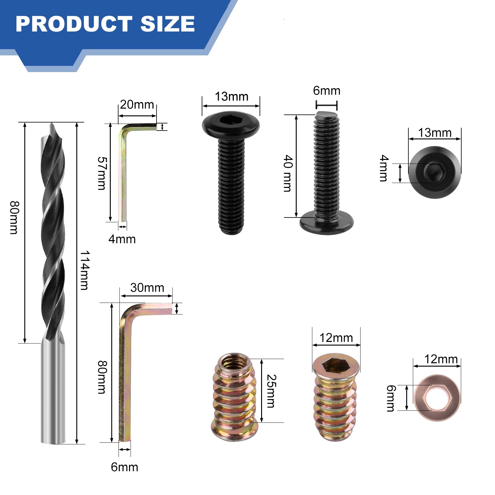 FandWay 20 Sets M6x40mm Furniture Screw Nut,M6x25mm Threaded Inserts for Wood,Connector Bolts and Nuts Set,Flat Head Allen Screw-in Nuts,Hex Socket Drive with Wrenches and Drill Bit - Image 3