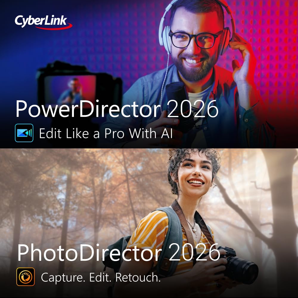 CyberLink PowerDirector and PhotoDirector 2026 | AI Video Editing &amp; Generative AI Photo Editing for Windows | Easily Create Stunning Videos, Photos, Slideshows &amp; Effects | Download Code
