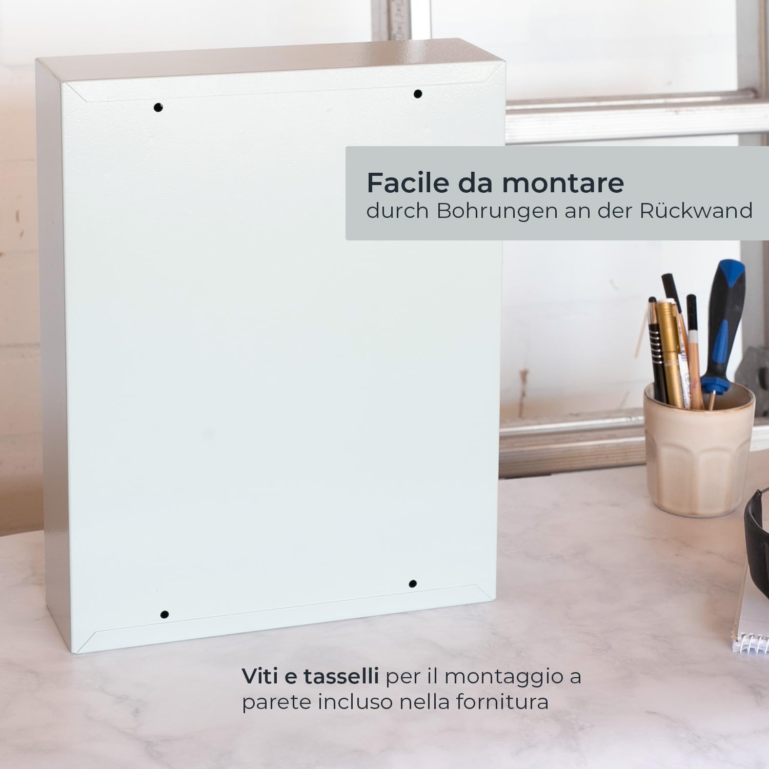 HMF 13642-07 Armadietto portachiavi con codice numerico, cassetta portachiavi grande | 42 ganci | 35 x 27 x 8 cm | Grigio chiaro