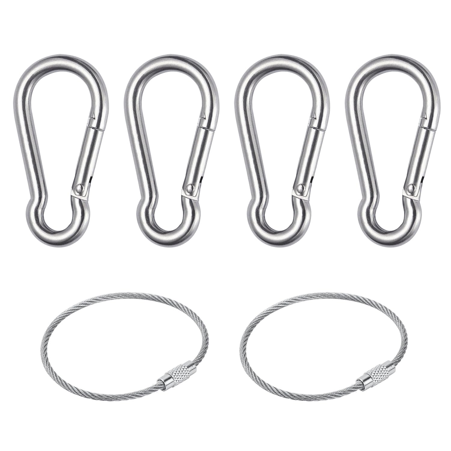 4 Carabiners, 2 Silver Wire Rings, Gourd Shape Spring Snaps, Stainless Steel Keychain, Stainless Steel Spring Buckle, Suitable for Camping, Hiking, Fishing, Awning
