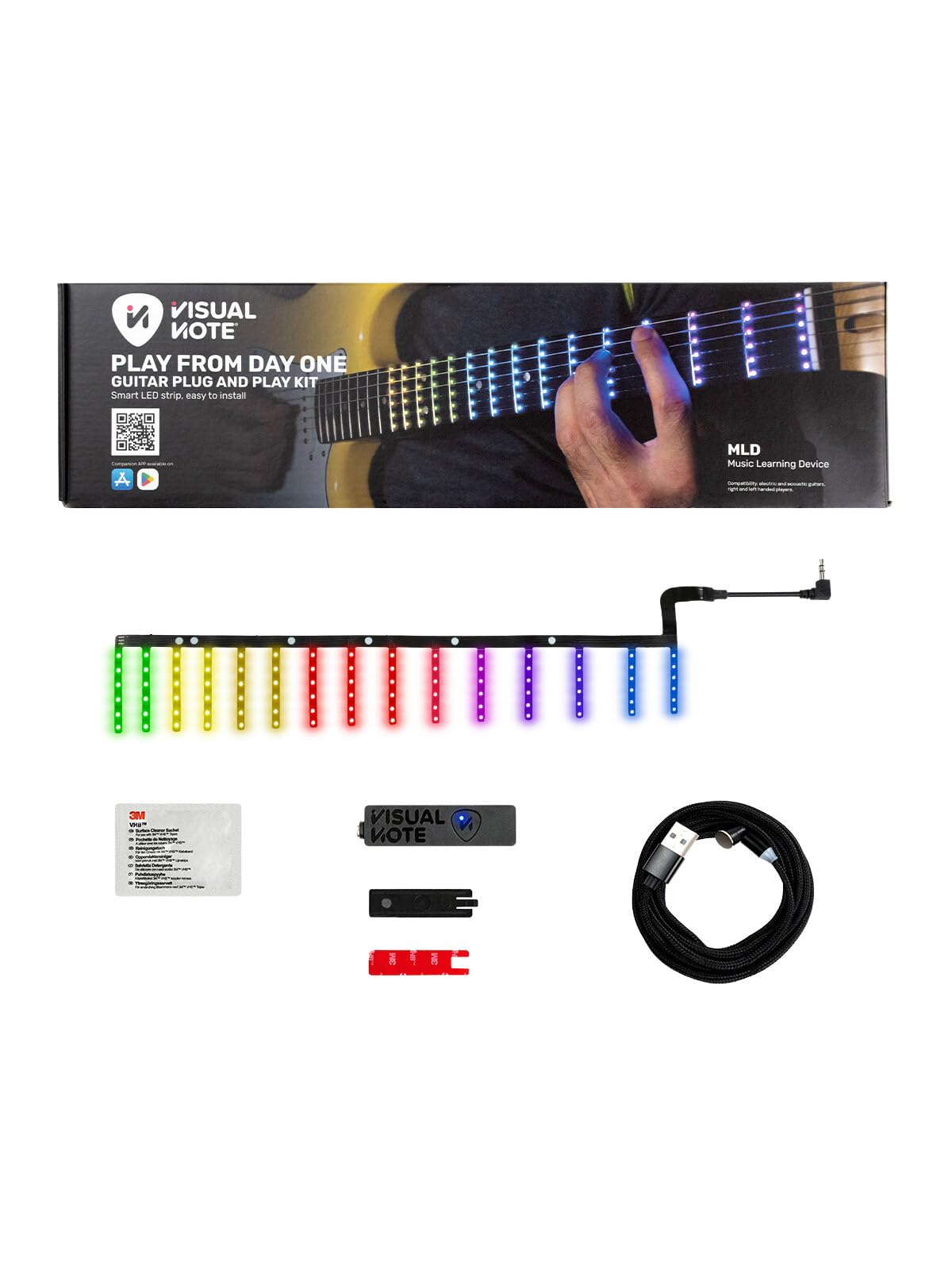 Kit G, dispositivo para aprender y enseñar la guitarra, compuesto por una lámina LED RGB para el teclado y una aplicación, compatible con eléctricas y acústicas a escala de 630 mm