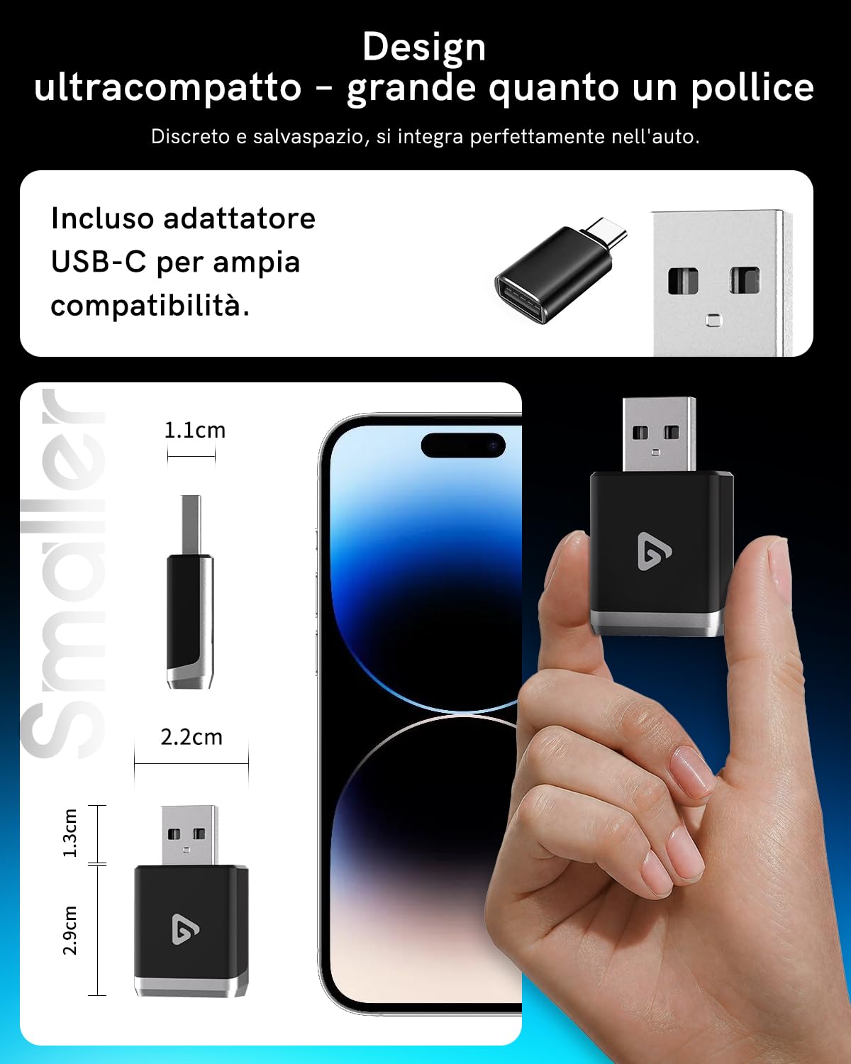 Adattatore Wireless 2 in 1 per Android Auto e CarPlay – Trasforma CarPlay cablato in wireless, con adattatore USB-C, WiFi 5.8GHz, facile da usare, mini e stabile, compatibile con iOS 10+ e Android 11+