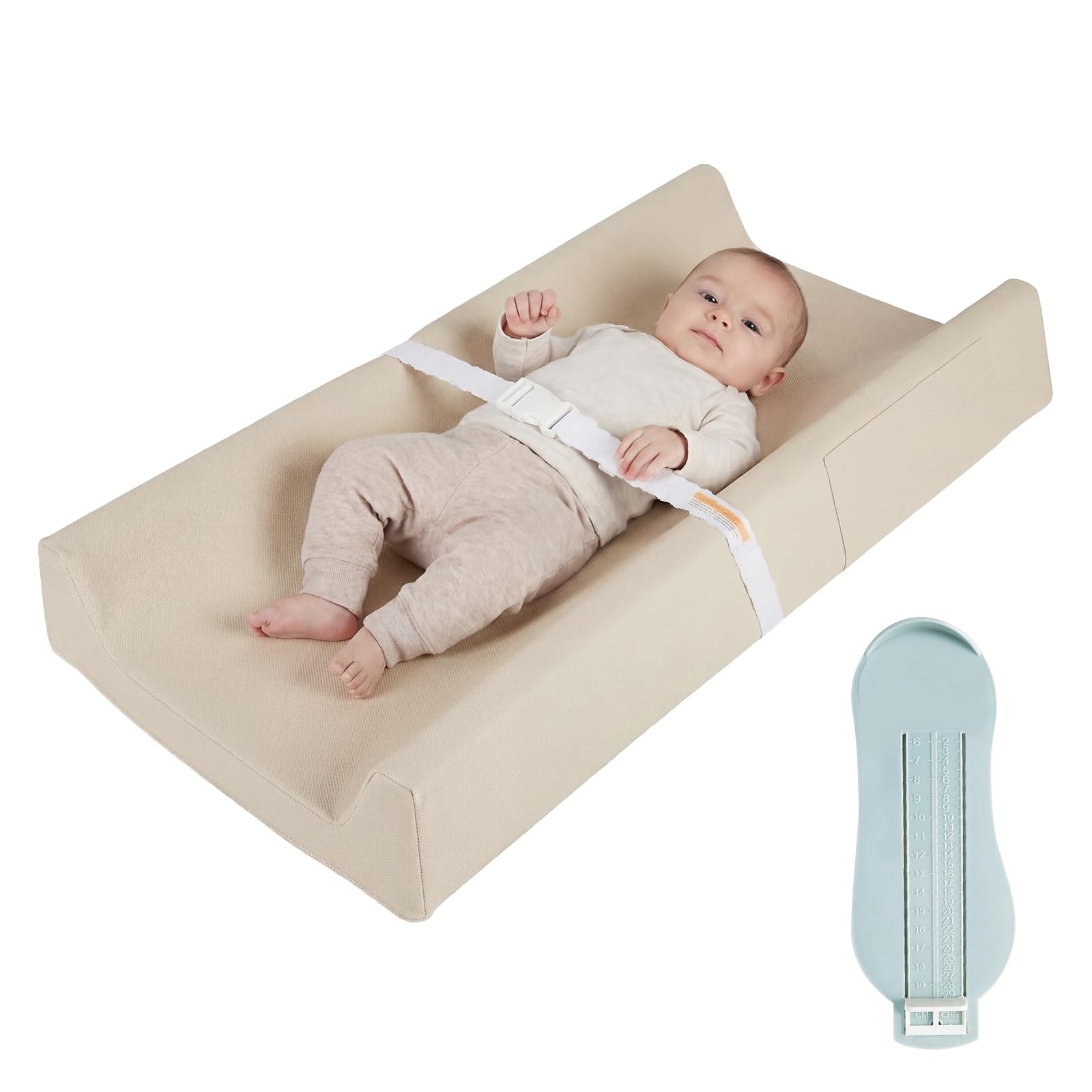 Anti-Roll Baby Changing Mat, 80 * 40 CM Nappy Changing Mat with Waterproof and Soft PU Cover, Anti-Slip Wedge Changing Pad with Safety Belt, Easy to Clean & Fits Most Tables, Beige