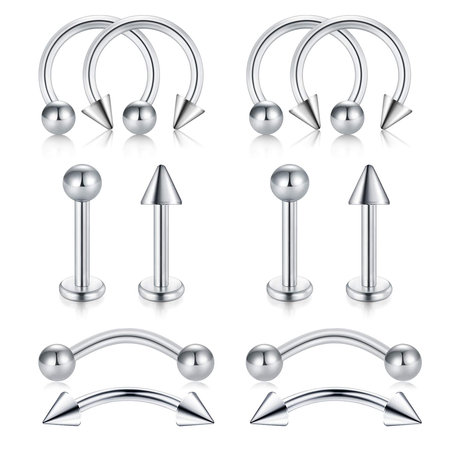 LAURITAMI 12pcs Pendientes Piercing Ceja Tragus Helix Aros Perno 8mm 16G Nariz Helix Acero Inoxidable Rook Curvado Bolas Herradura Labio Labret Piercing Joya