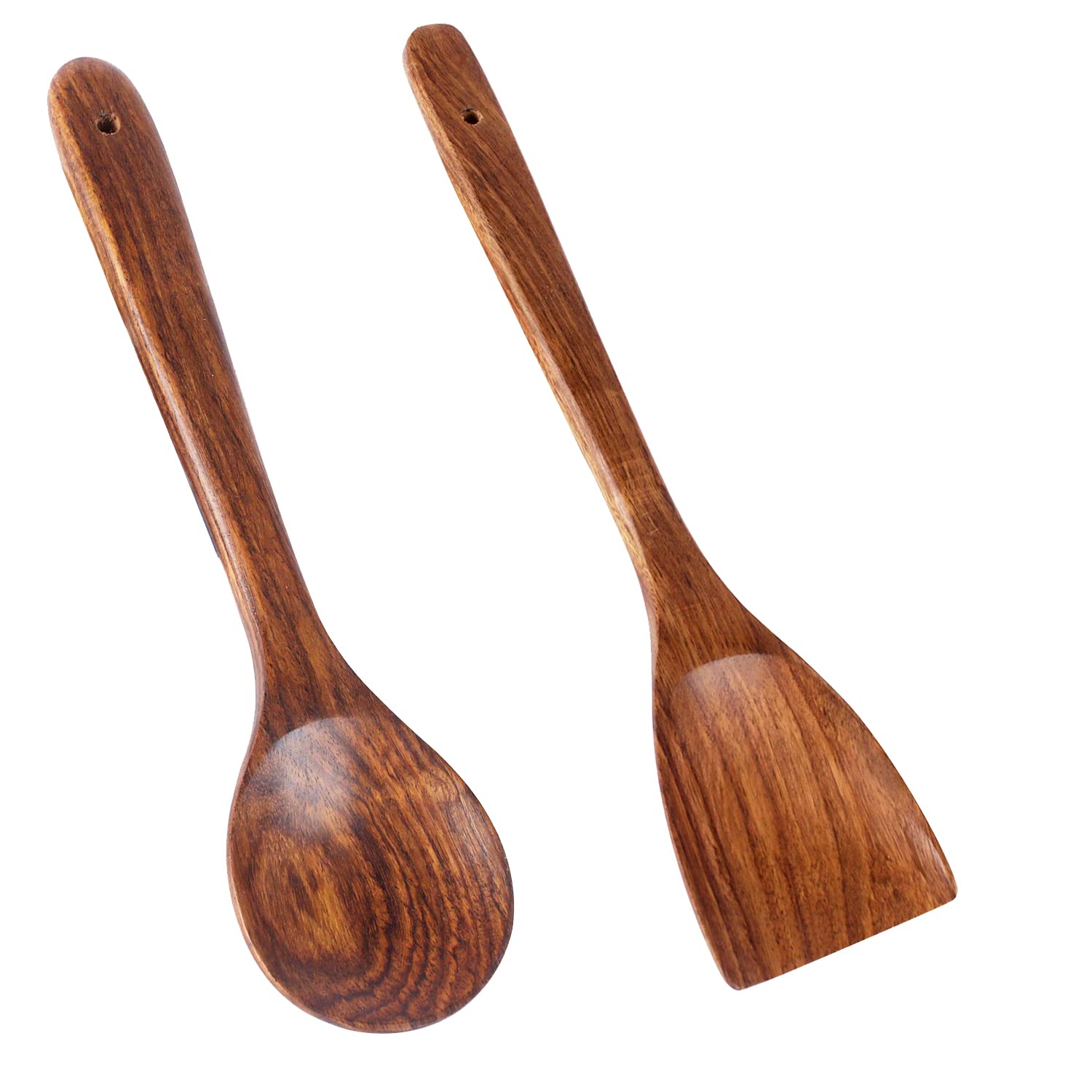 LX LEKHX Wooden Spoons for Cooking Non-stick Organic Teak Wood Wooden Spatula for Cooking Utensils Long Handled, Kitchen Spurtle Set Ideal for Wok - Wood Turner, Spoons, flat wooden Spoon (Set of 2)
