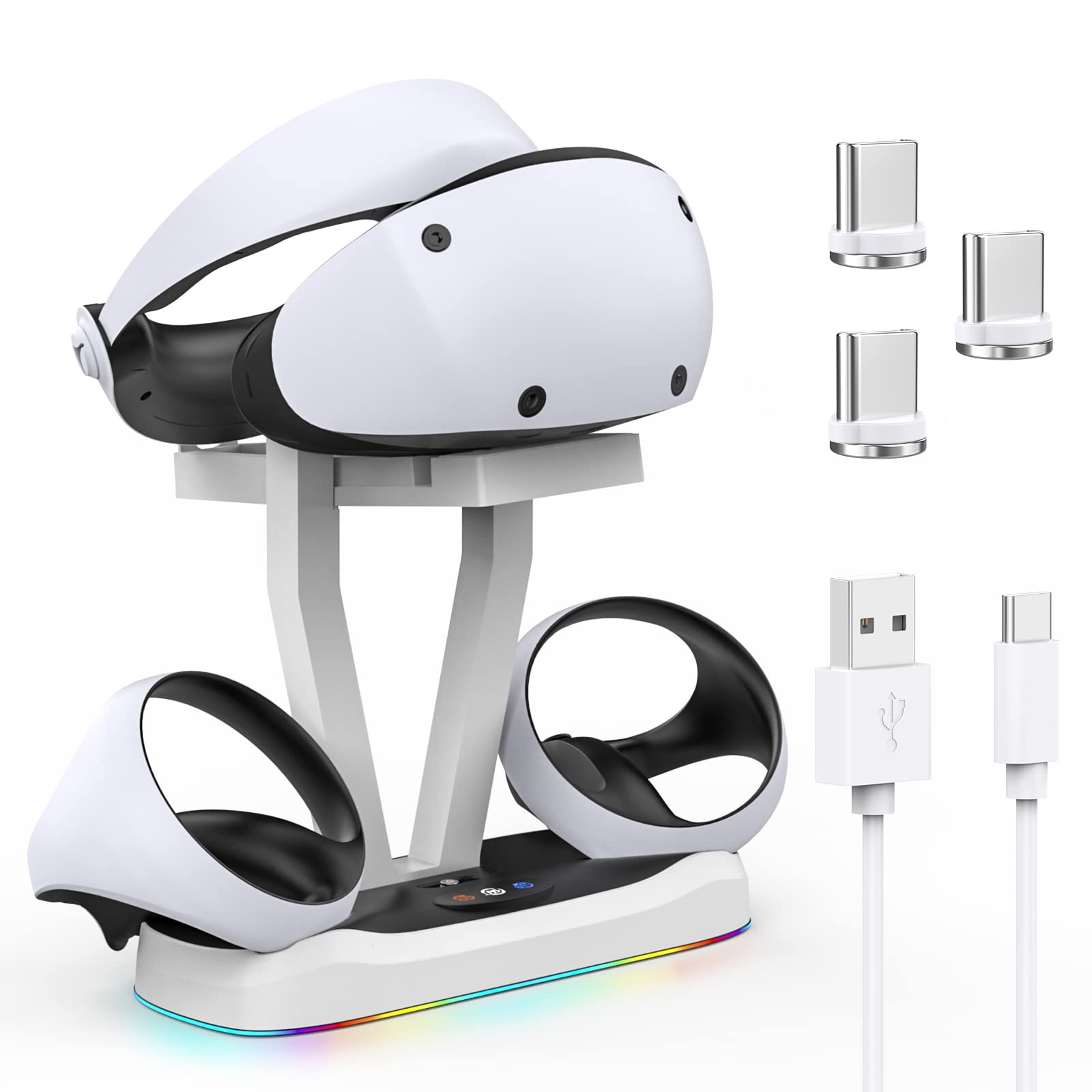 FASTSNAIL Controller Charging Station for PSVR2,Dual Fast Charging Dock with PS VR2 Headset Holder Stand,Controller Charger for Playstation VR2 Accessories with RGB Light,3 Magnetic head,Type-C Cable