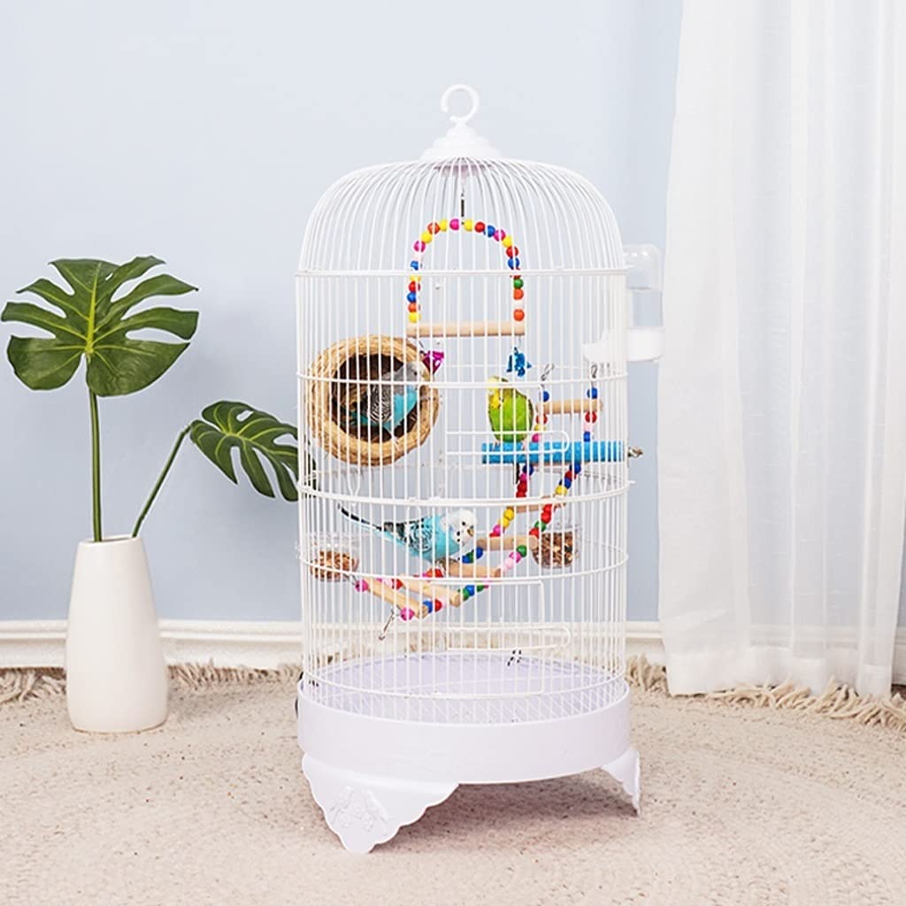 La Jaula De Pájaros Portador de pájaro hecho a mano Metal Acero inoxidable Caja redonda Parrot Pearl Pájaro Jaula Creativa Aleación de seda Jaula de pájaros con escalera colgante Juguete 75 cm Jaula P