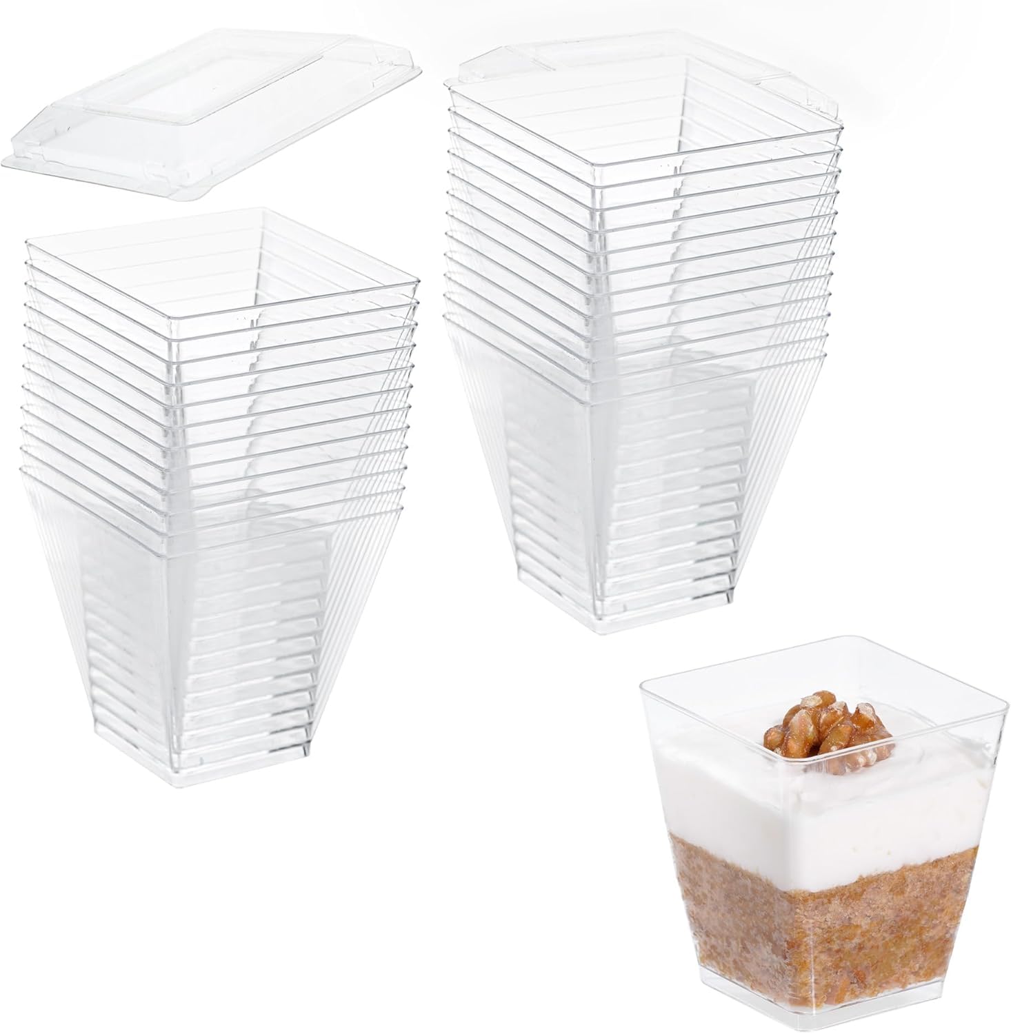 Foglish Home & Garden Mini Dessert Cups with Lids, Clear, Square, 120ml, 4oz, Reusable Plastic, Set of 48, Fruit, Trifle, Yoghurt, Ice Cream etc