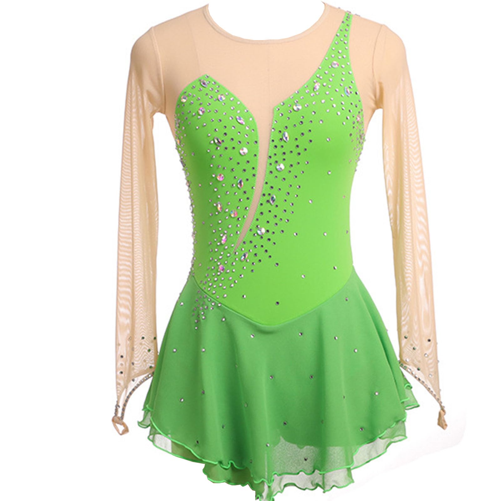 Vestito da Pattinaggio Artistico, Girocollo Vuoto Giunzione Body Ginnastica Artistica Danza, Vestito da Balletto Danza Tuta da Ballo da Competizione A Maniche Lunghe