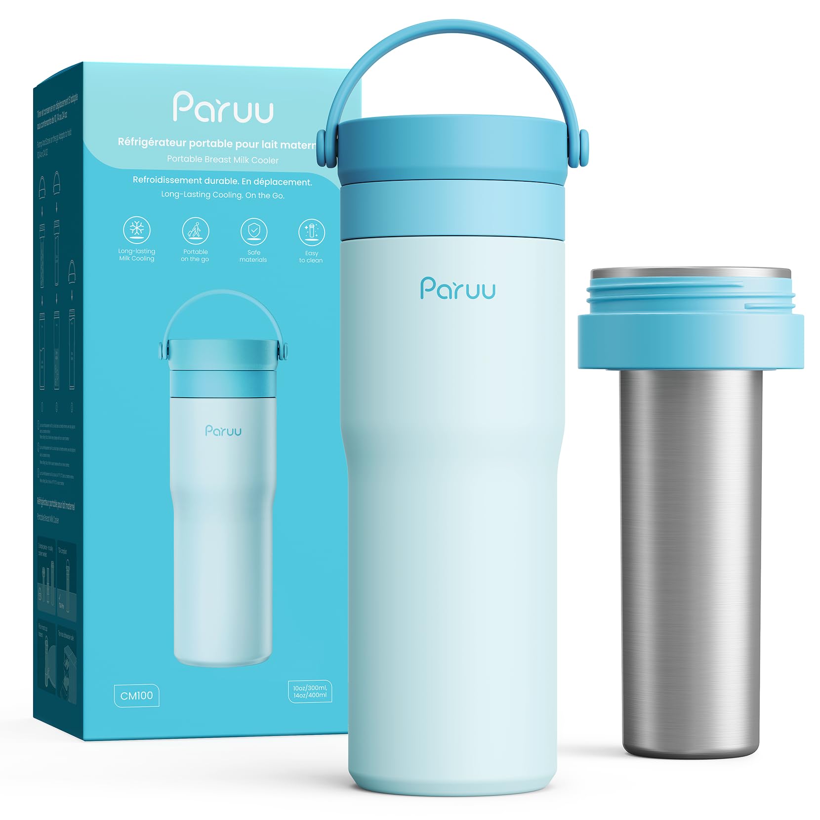 Paruu Portable Breast Milk Cooler, 304 Stainless Steel Breastmilk Chiller for 14–23H Cooling, 10-24oz Breastmilk Storage Container for Travel, Outdoor, New Moms Breastfeeding Essentials, Blue