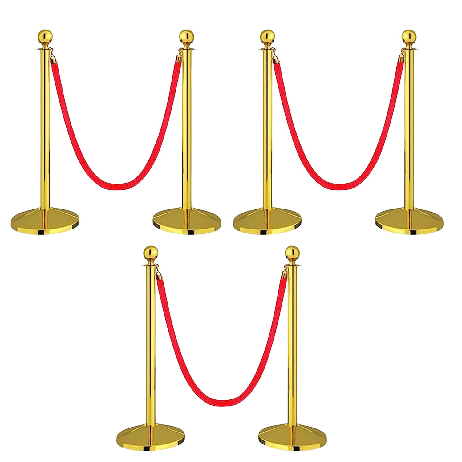 - Kunplast Premium Golden Queue Stand with Red Velvet Rope | Stainless Steel Queue Barrier Post for Hotels, Banks, Airports, Retail & Events (Pack Of 3) (6 Pole, 3 Rope)