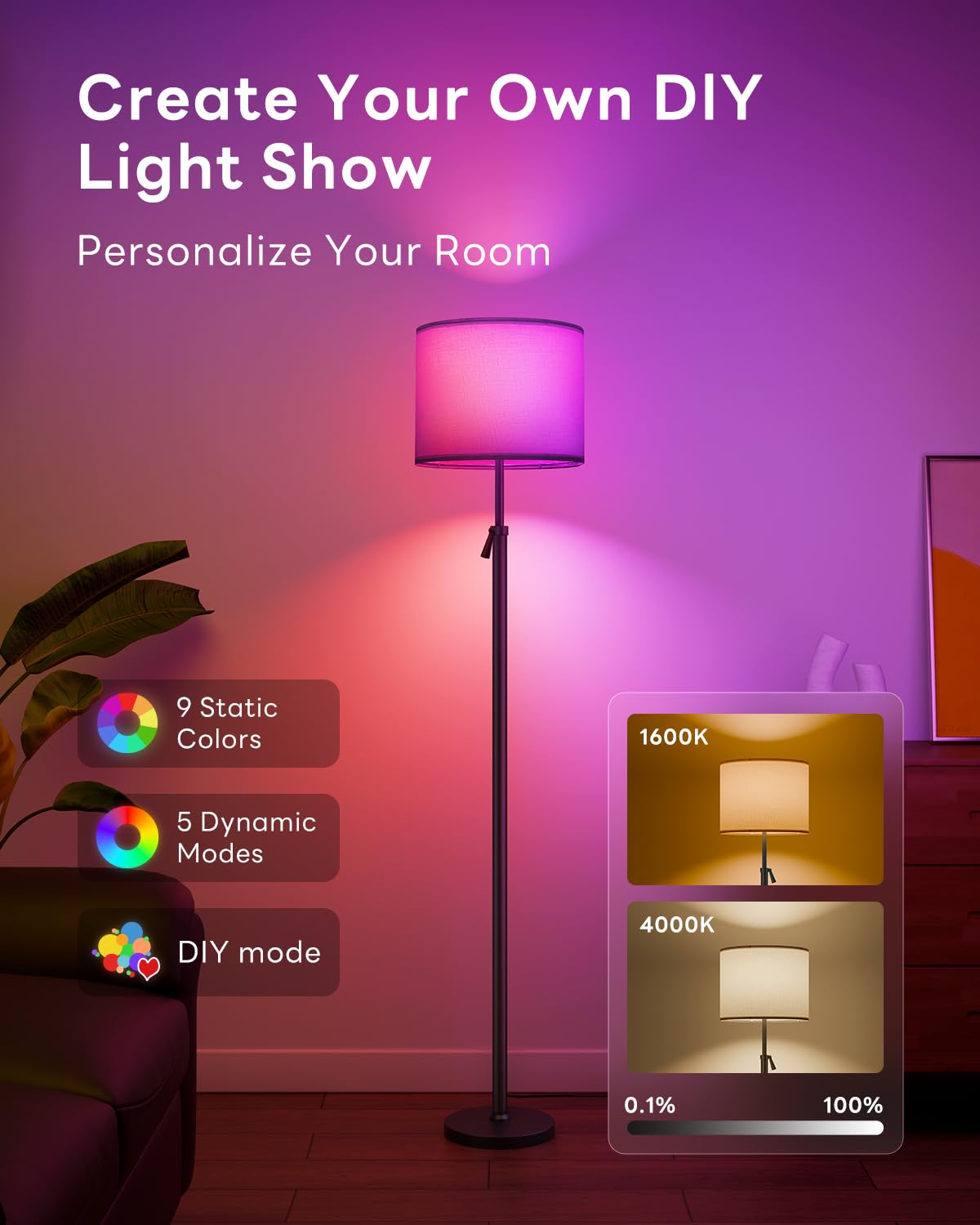 LED Stehlampe Höhenverstellbar, RGB Farbwechsel Leinen Schirm, 152-175cm Teleskopstange Stehleuchte, Magnetische Fernbedienung, 1200lm 10W, 1600K Blaulichtfrei Dimmbar Leselampe, Schwarz