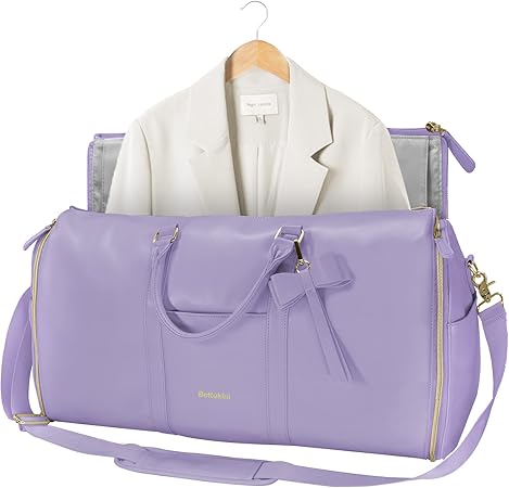 review Carry On Garment Bag for Women, PU Leather Duffle Bag for Travel, Waterproof Garment Bag with Shoe Pouch, Hanging Suitcase Travel Bag Weekender Luggage Bag, Gifts for Women, Purple