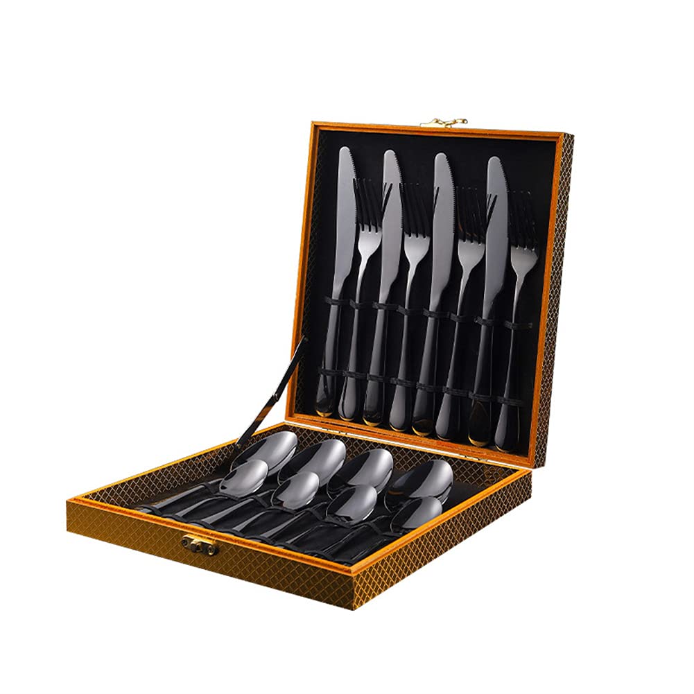 Set per Cena in Acciaio Inox, Cucchiaio di Forchetta da Coltello Mangiare Utensili Set Servizio per 4, Design Sano E Specchio Lucido, Semplice Design, Set Confezione Regalo di Fascia Alta,Nero