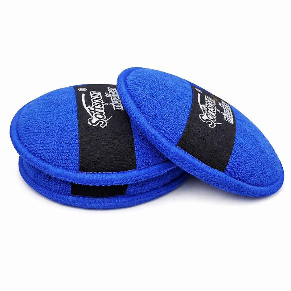 Image of SOFTSPUN Microfiber Reusable Round Polishing Pad, 3 Pieces Set 340 GSM (Blue) Multipurpose. Ultra-Soft Application Pads with Finger Band Perfect Cleaning for Car, Bike, Window and More.