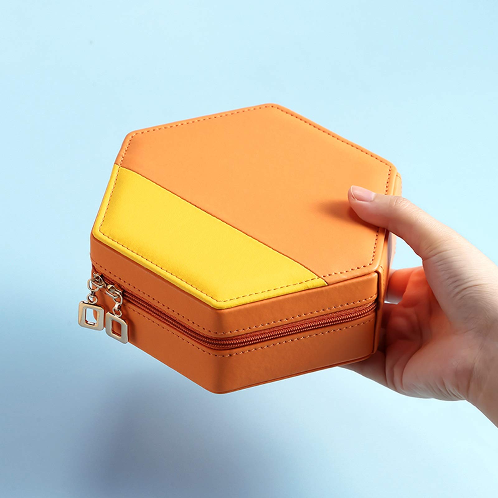 LNNSHX Pudełko z biżuterią Vintage małe pudełko na biżuterię Pomarańczowy geometryczny organizer na biżuterię PU Skórzane pudełko podróżne z biżuterią do przechowywania Ozdoba Pierścień Kolczyk