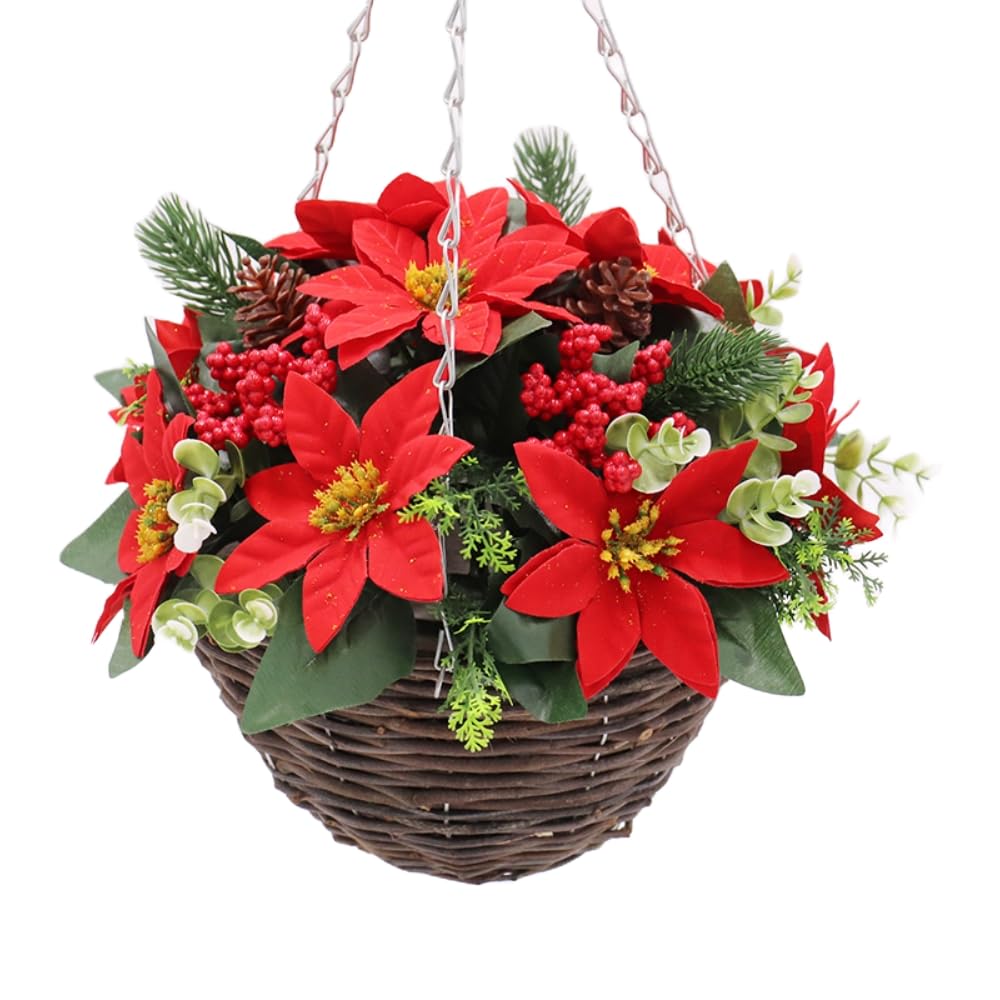 Best Artificial Weihnachtsstern-Hängekorb, 30 cm, rote Blumen, Beeren, Tannenzapfen, 1 Paar