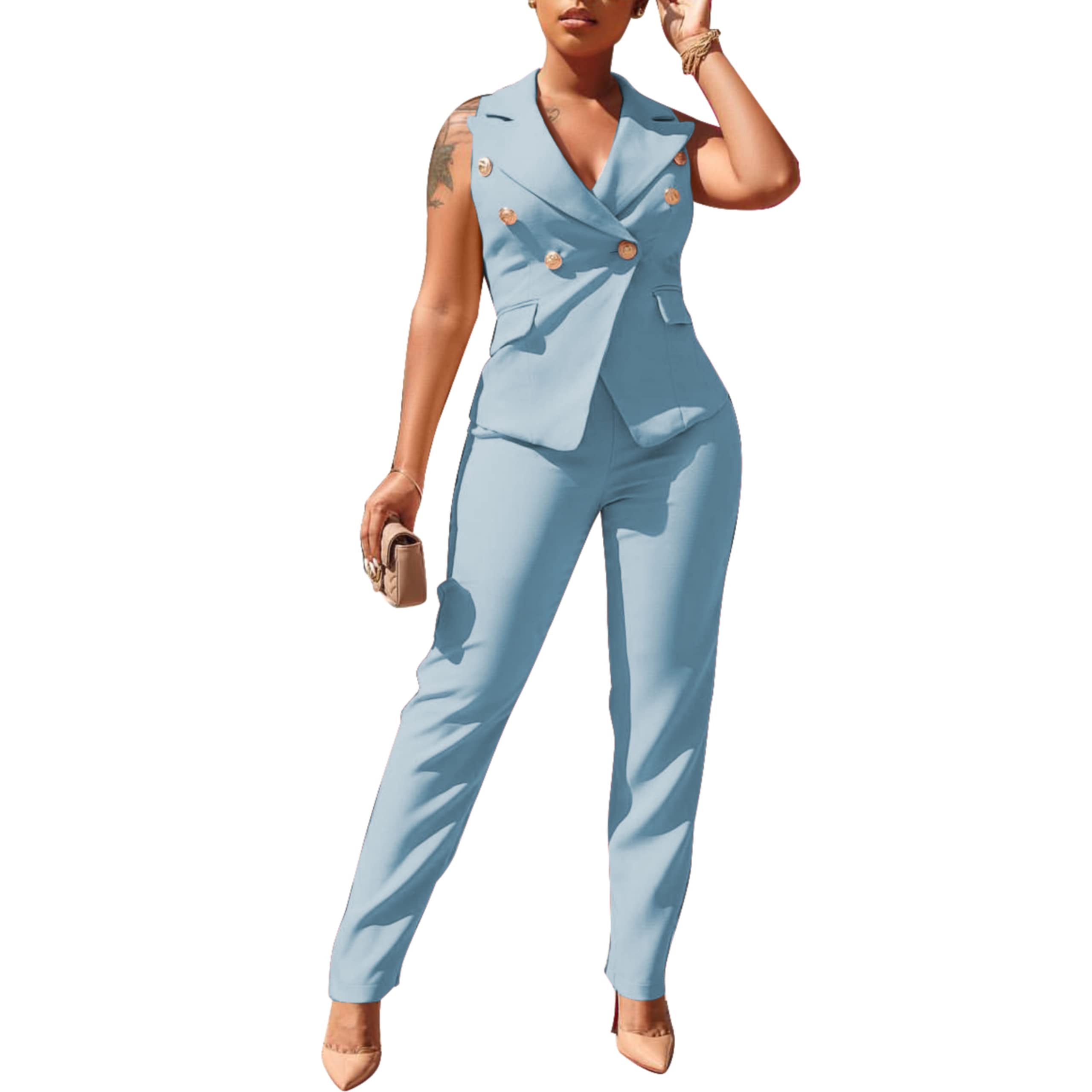 Dmoled Women's Business Blazer Suit Ruffles Sleeveless Solid Two Piece Pant Set Professional Work Outfit for Office