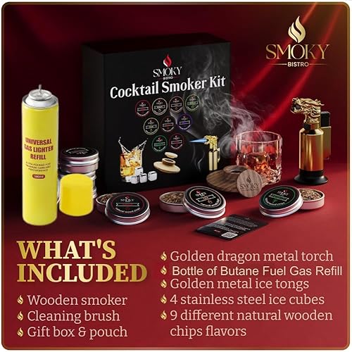 Miniatura 3 de Kit de ahumador de cóctel con antorcha y recambio de gas combustible butano, 9 sabores de virutas de madera, kit de cóctel antiguo, kit de ahumador