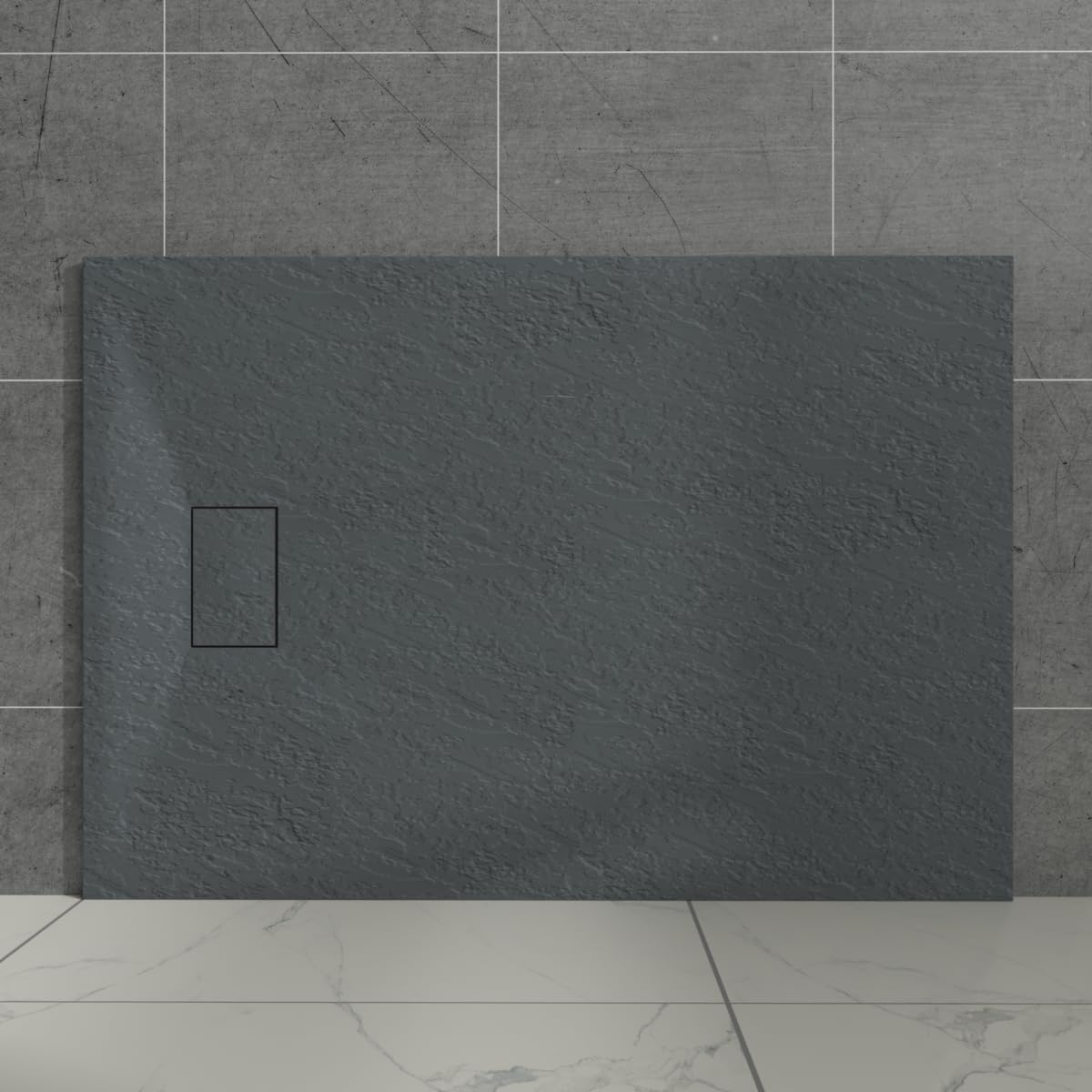 Aquariss Anthracite Rectangular Shower Tray Slate Effect SMC Slip-Resistant Shower Base for Bathroom Enclosures 1200x900mm with Waste